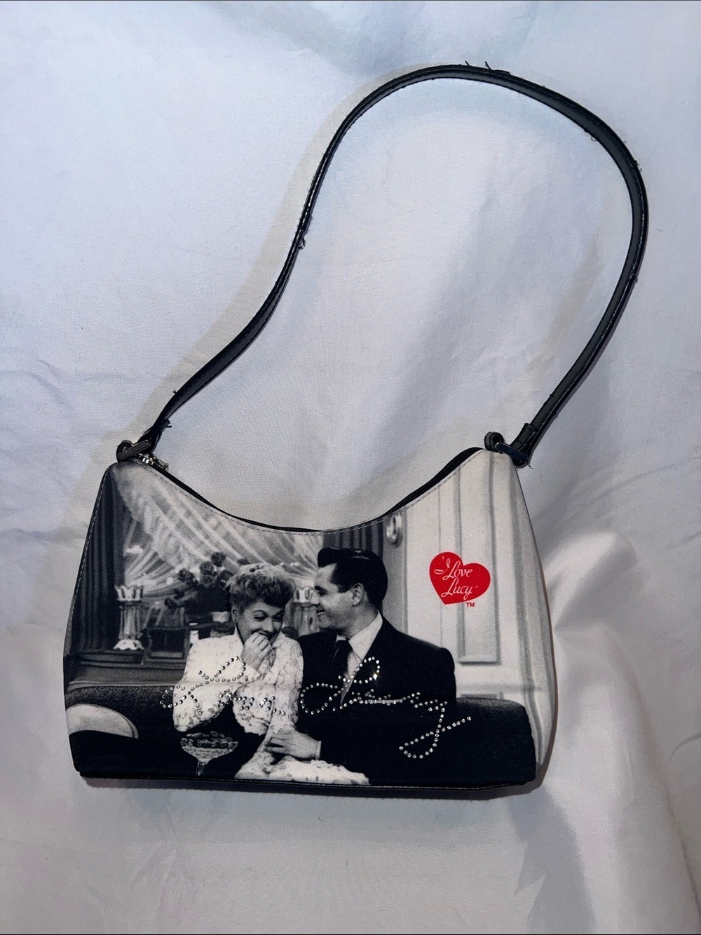 Lucy Black & White Photo Print Shoulder Bag with Sparkles & Red Heart Accent